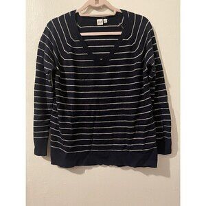 Gap Women's Merino Wool Blend Navy White Stiped V-Neck Long Sleeve Top Size L